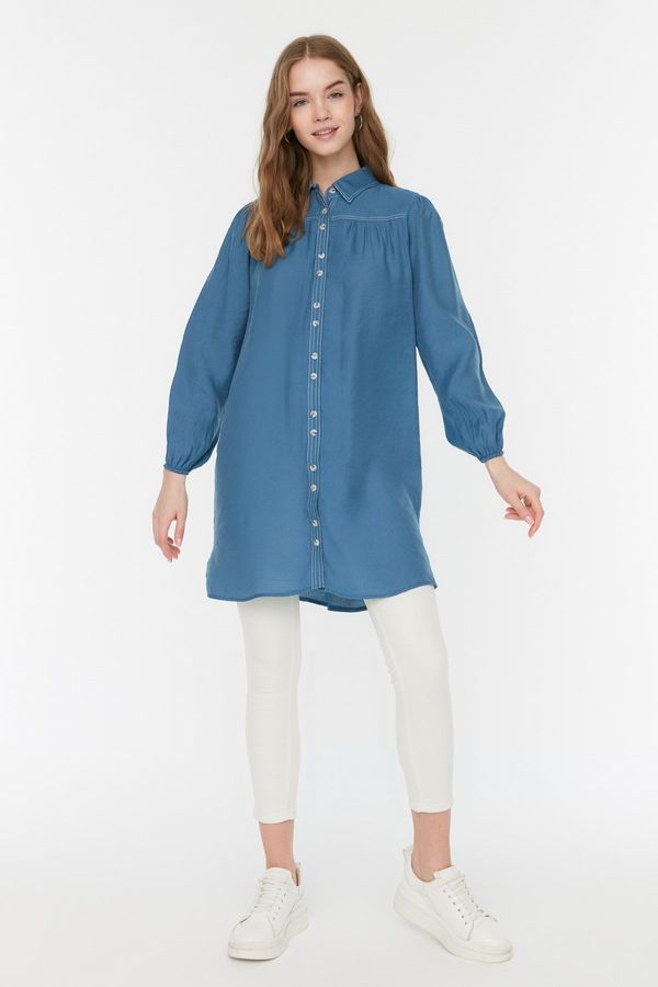 Trendyol Trendyol Indigo Contrast Stitched Woven Linen Look Natural Fabric Shirt