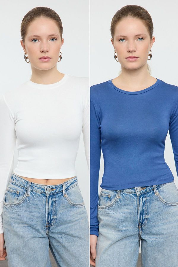 Trendyol Trendyol Indigo-Ecru Double Pack Crop/Short Fitted/Body-Smoothing Knitted Blouse