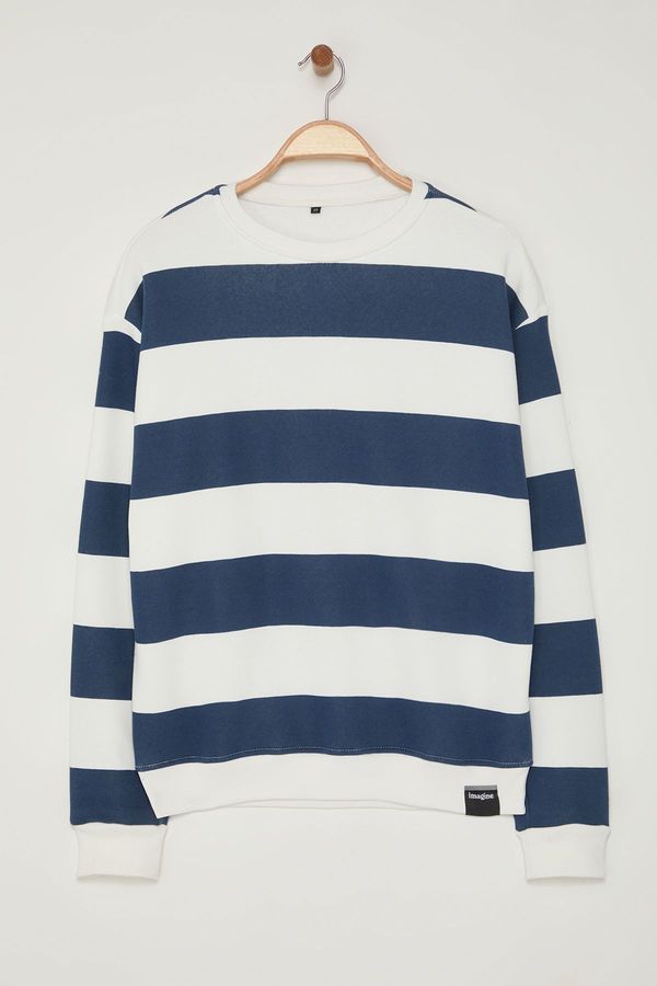 Trendyol Trendyol Indigo-Ecru Oversize/Wide Cut Crew Neck Striped Polar Fleece Inside Cotton Sweatshirt