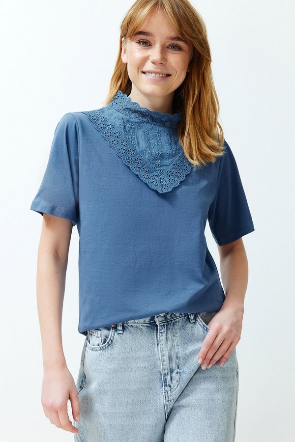 Trendyol Trendyol Indigo Embroidered High Neck Basic Fit Cotton Knitted Blouse