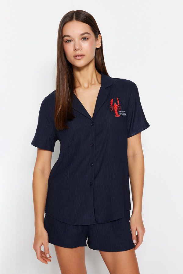 Trendyol Trendyol Indigo Embroidered Shirt-Shorts Woven Pajama Set