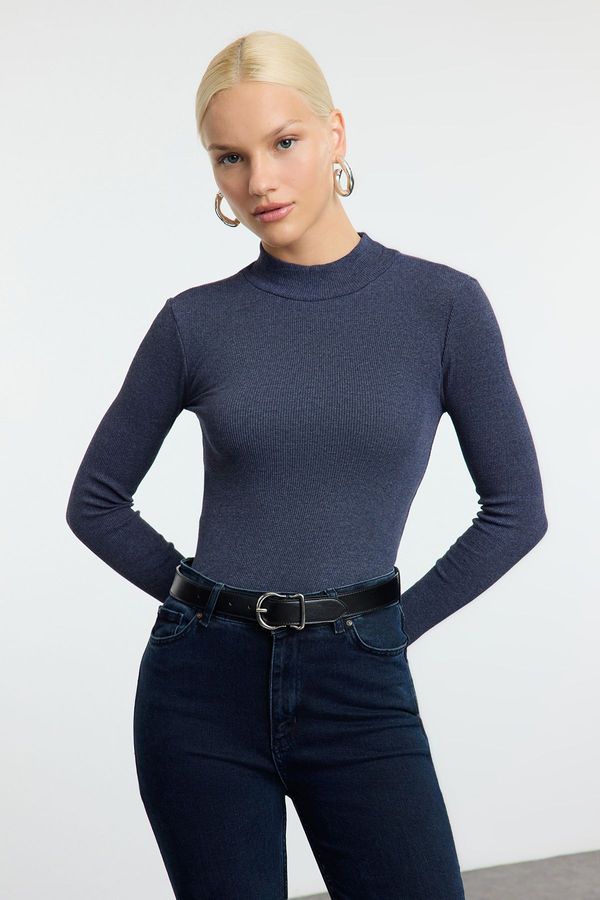 Trendyol Trendyol Indigo Fitted High Neck Long Sleeve Ribbed Stretchy Knitted Blouse