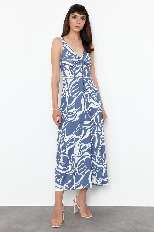 Trendyol Trendyol Indigo Fitted Ruffle Detailed Sleeveless Flexible Knitted Maxi Dress