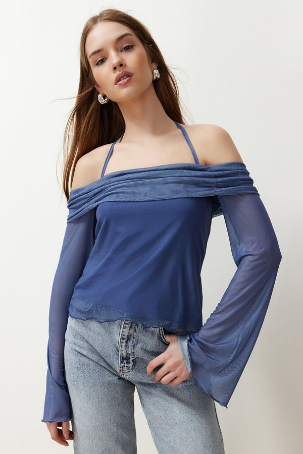 Trendyol Trendyol Indigo Flare Sleeve Tie Detailed Knitted Blouse