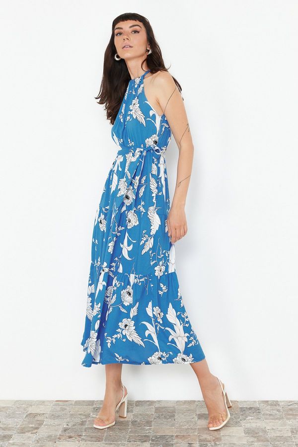 Trendyol Trendyol Indigo Floral Patterned Shift Halter Neck Halter Neck Shally Maxi Woven Dress