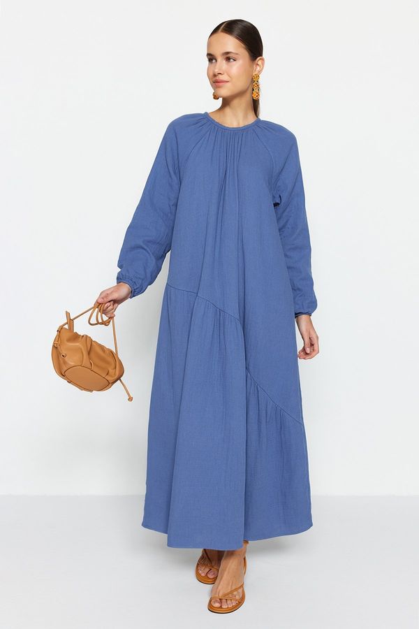 Trendyol Trendyol Indigo Gathered Detail 100% Cotton Muslin Wide Fit Lined Woven Dress