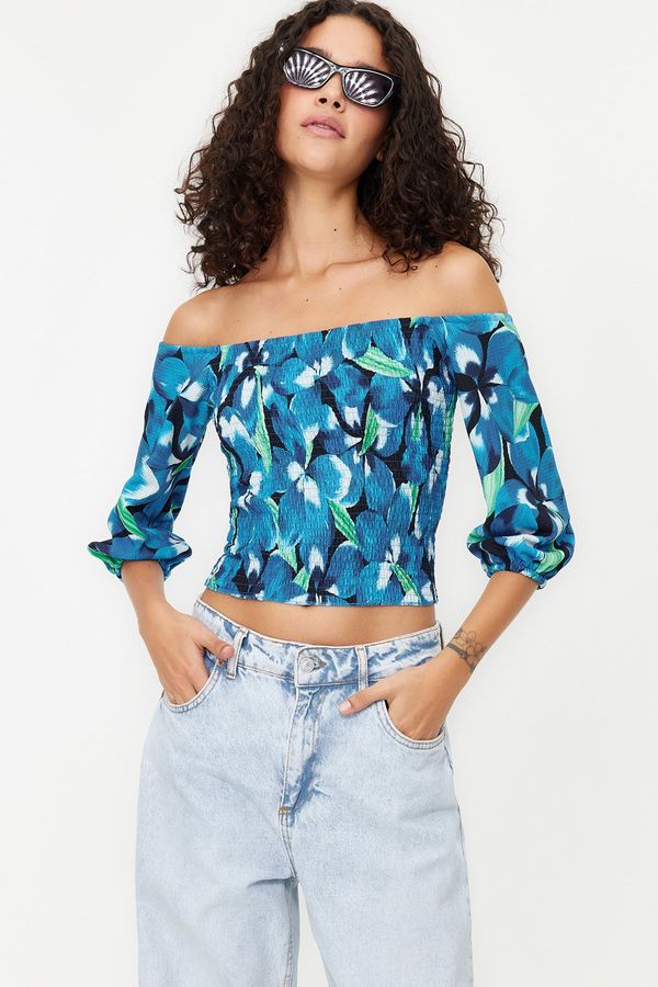 Trendyol Trendyol Indigo Gimped Carmen Collar Three Quarter Sleeve Crepe/Texture Knitted Blouse