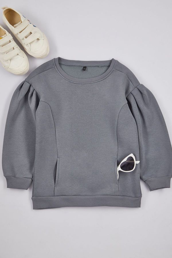 Trendyol Trendyol Indigo Girls' Sleeve Drawstring Pocket Cotton Knitted Sweatshirt