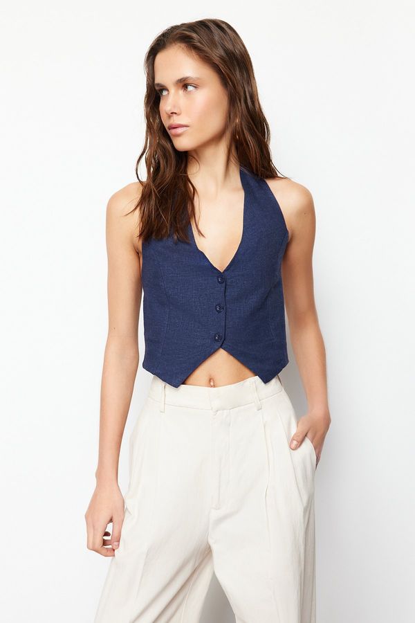Trendyol Trendyol Indigo Halter Neck Gathered Back Cotton Linen Crop Woven Blouse