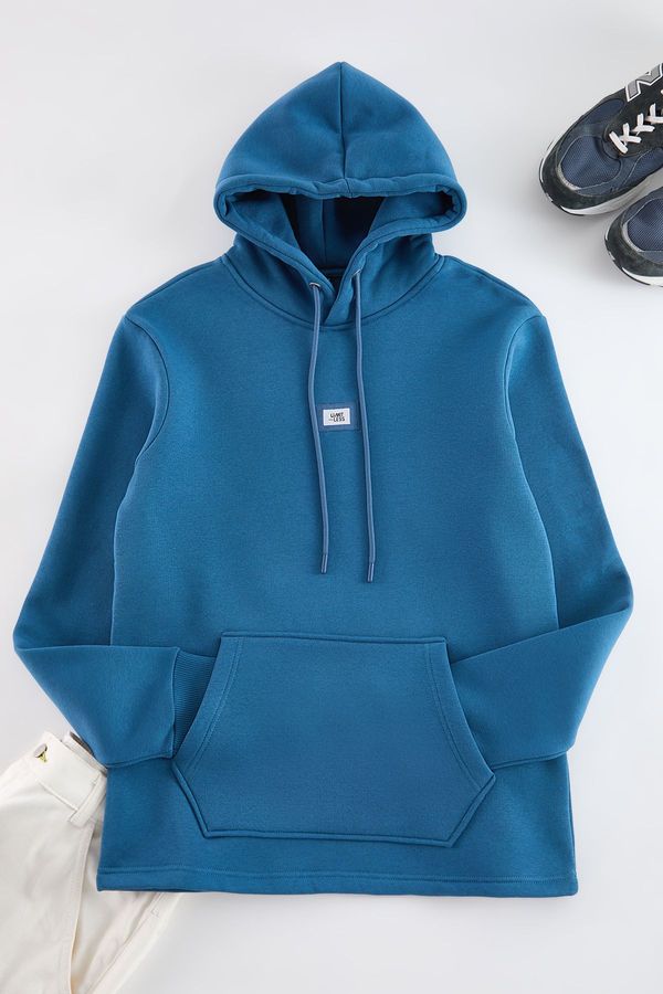 Trendyol Trendyol Indigo Hooded Regular/Normal Cut Labeled Inside Polar Fleece Cotton Thick Sweatshirt