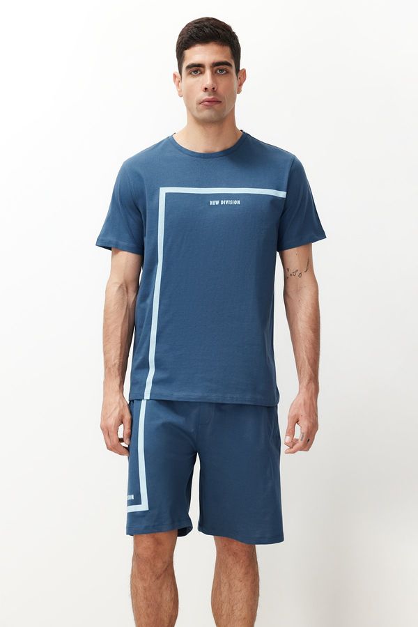 Trendyol Trendyol Indigo Men's Regular Fit Crew Neck Printed Knitted Pajama Set with Shorts