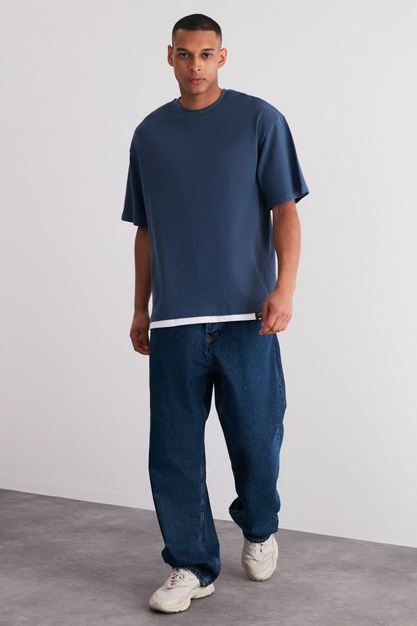 Trendyol Trendyol Indigo Oversize Piece Detailed Textured 100% Cotton T-Shirt