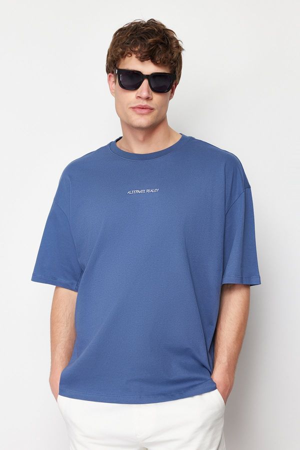 Trendyol Trendyol Indigo Oversize/Wide Cut 100% Cotton Embroidered T-Shirt