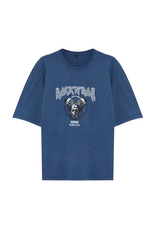 Trendyol Trendyol Indigo Oversize/Wide Cut Aged/Faded Effect Rock Print 100% Cotton T-Shirt