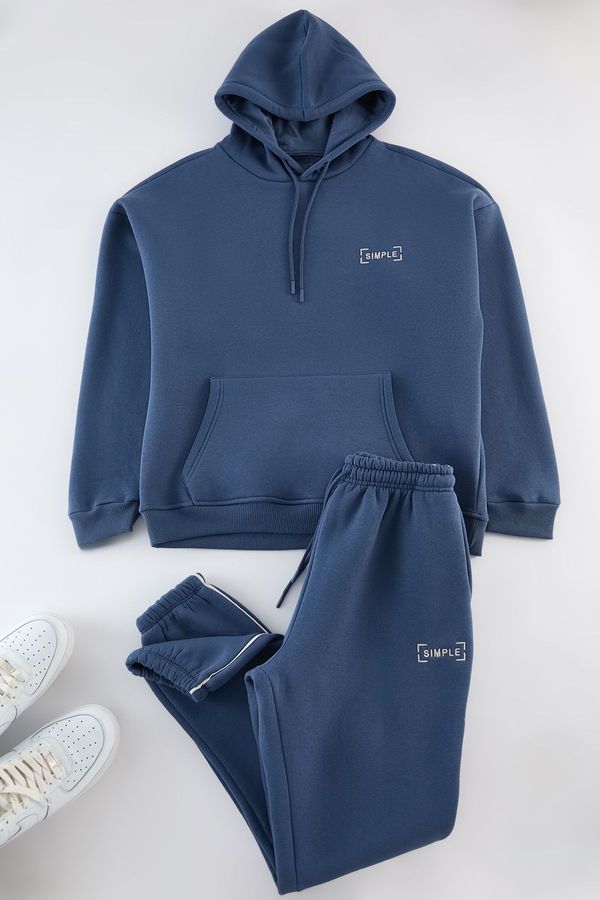 Trendyol Trendyol Indigo Oversize/Wide Cut Elastic Leg Embroidered Piping Fleece Inside Tracksuit Set