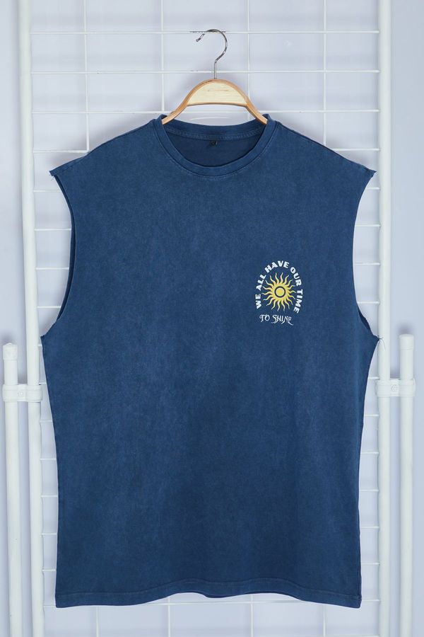 Trendyol Trendyol Indigo Oversize/Wide Cut Faded Effect Text Print 100% Cotton T-Shirt/Athlete