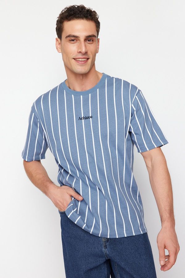 Trendyol Trendyol Indigo Oversize/Wide Cut Striped 100% Cotton T-Shirt