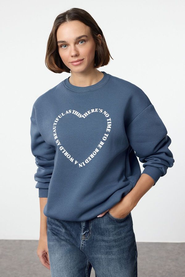 Trendyol Trendyol Indigo Oversize/Wide Pattern Back Printed Thick Inside Polar Fleece Knitted Sweatshirt