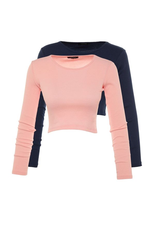 Trendyol Trendyol Indigo-Pink 2-Pack Fitted Wide Collar Corduroy Stretchy Crop Knitted Blouse