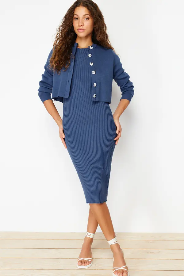Trendyol Trendyol Indigo Plain Midi Knit Dress
