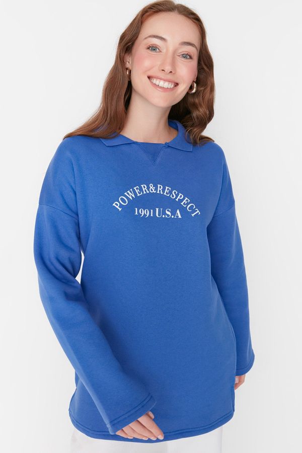 Trendyol Trendyol Indigo Polo Neck Printed Feather Knitted Sweatshirt