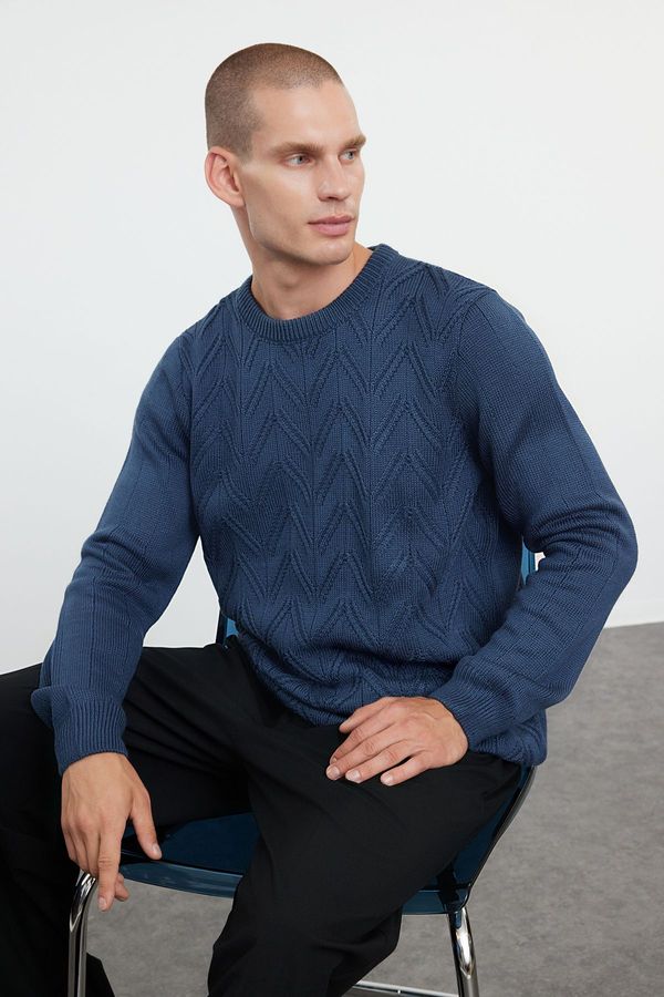 Trendyol Trendyol Indigo Regular Crew Neck Textured Knitwear Sweater