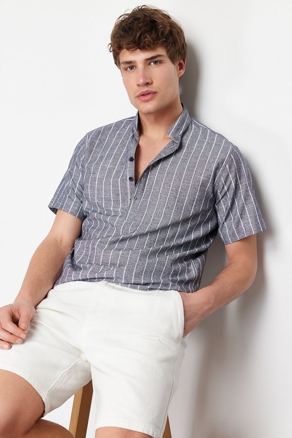 Trendyol Trendyol Indigo Regular Fit Flam Cotton Striped Shirt