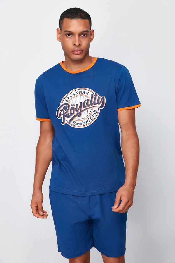 Trendyol Trendyol Indigo Regular Fit Printed Knitted Pajama Set with Shorts