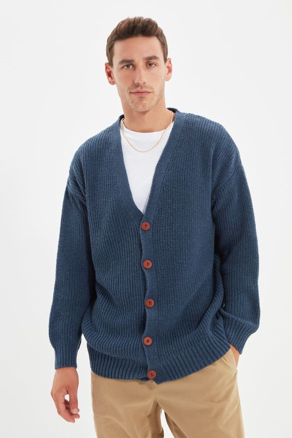 Trendyol Trendyol Indigo Regular Fit Wool V Neck Basic Knitwear Cardigan