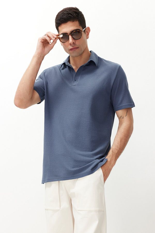 Trendyol Trendyol Indigo Relaxed/Comfortable Cut Textured 100% Cotton Polo Neck T-shirt