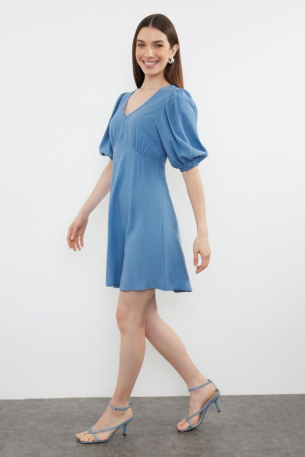 Trendyol Trendyol Indigo Skirt Flounced Balloon Sleeve Mini Woven Dress