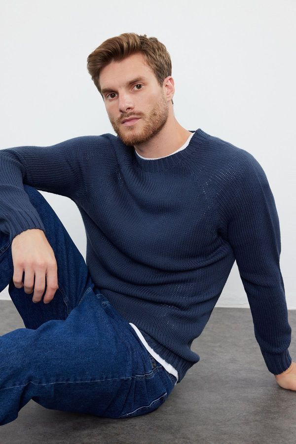 Trendyol Trendyol Indigo Slim Fit Slim Cut Crew Neck Raglan Sleeve Basic Knitwear Sweater