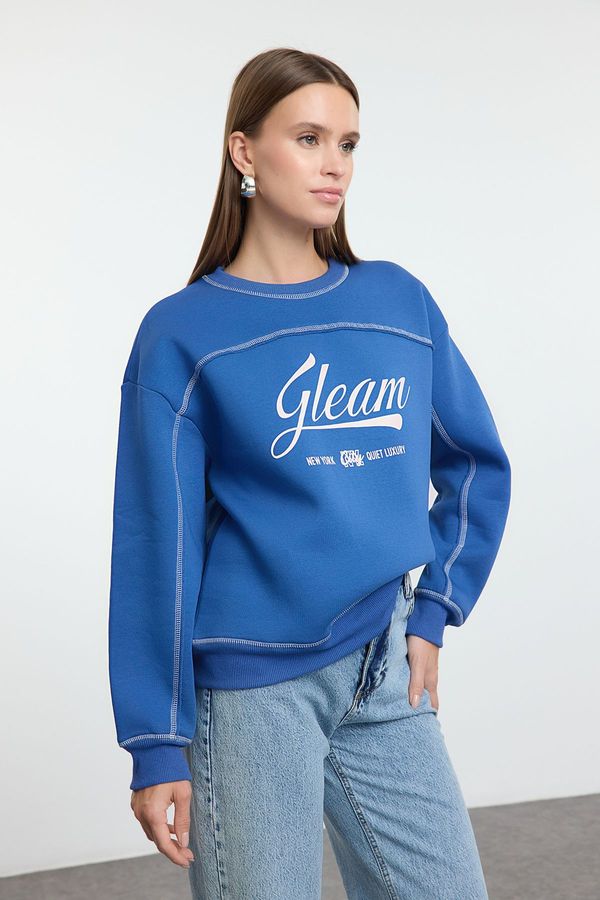 Trendyol Trendyol Indigo Slogan Printed Oversize/Wide Pattern Thick Inside Polar Fleece Knitted Sweatshirt