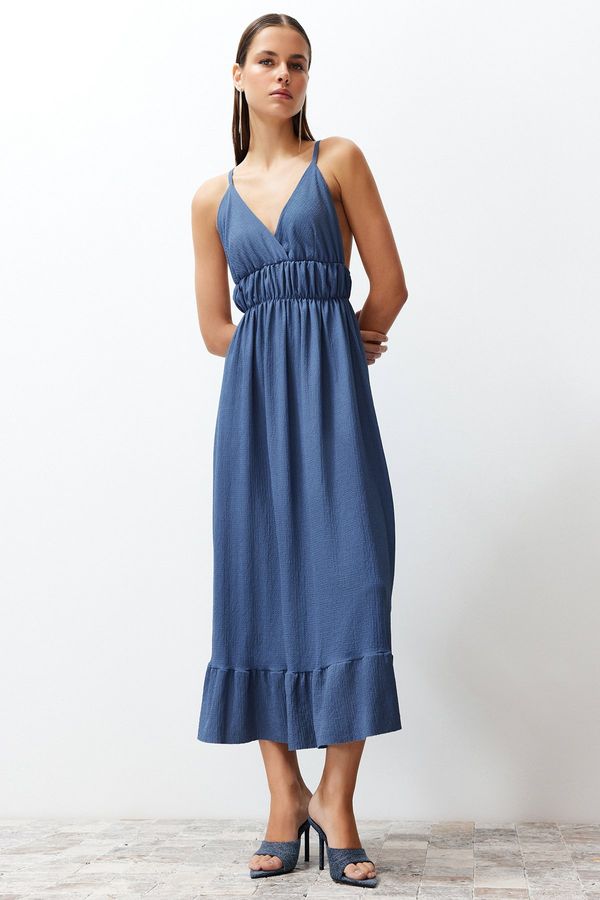 Trendyol Trendyol Indigo Straight Skirt Ruffled V-Neck Strap Maxi Ribbed Flexible