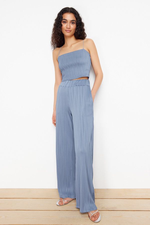 Trendyol Trendyol Indigo Textured Fabric Premium Wide Leg Knitted Trousers