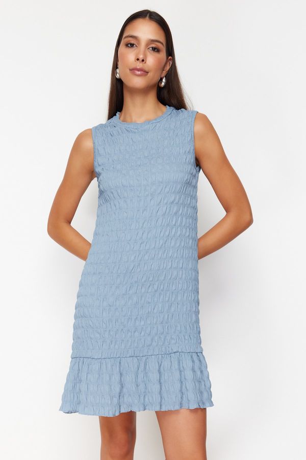 Trendyol Trendyol Indigo Textured Skirt Ruffled Sleeveless Flexible Knitted Mini Dress