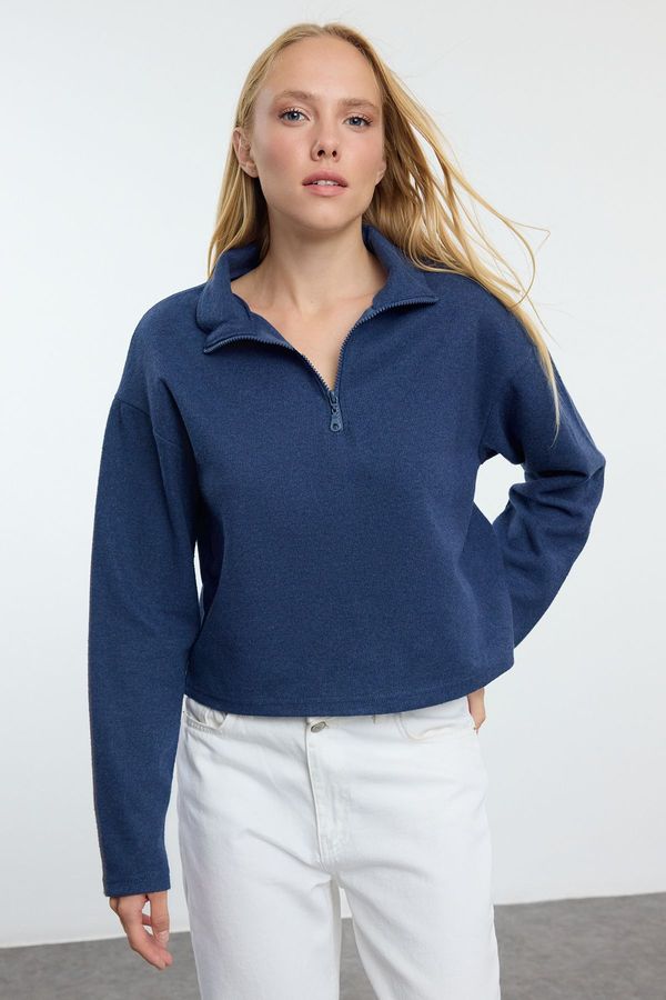 Trendyol Trendyol Indigo Thessaloniki/Knitwear Look Zipper Collar Regular/Normal Fit Knitted Sweatshirt