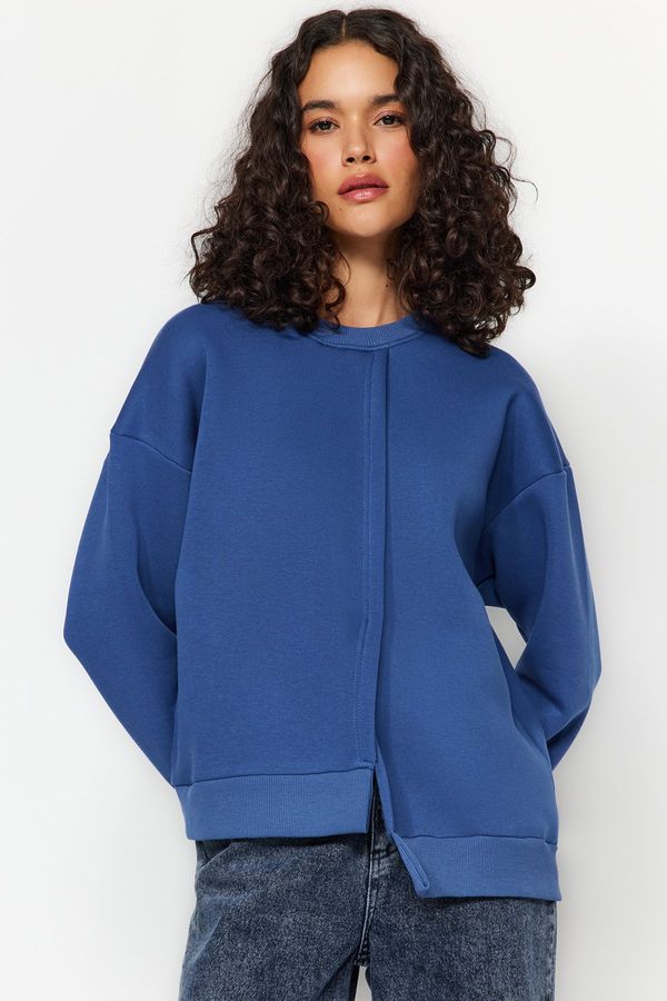 Trendyol Trendyol Indigo Thick Inside Fleece Asymmetrical Detailed Crew Neck Knitted Sweatshirt