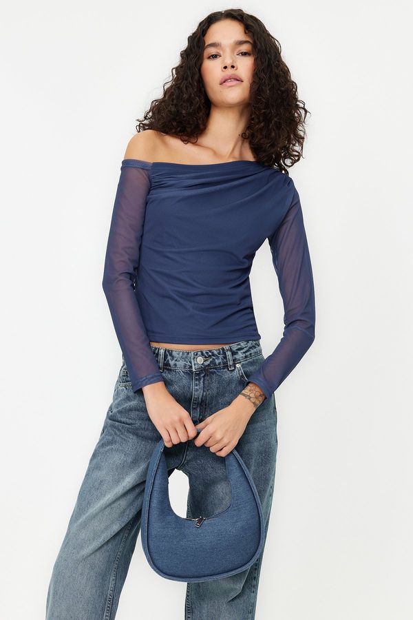 Trendyol Trendyol Indigo Tulle Lined Asymmetric Collar Knitted Blouse