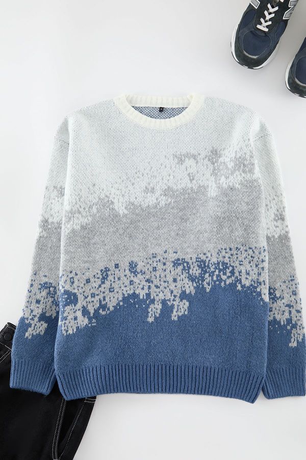 Trendyol Trendyol Indigo Unisex Crew Neck Landscape Knit Sweater