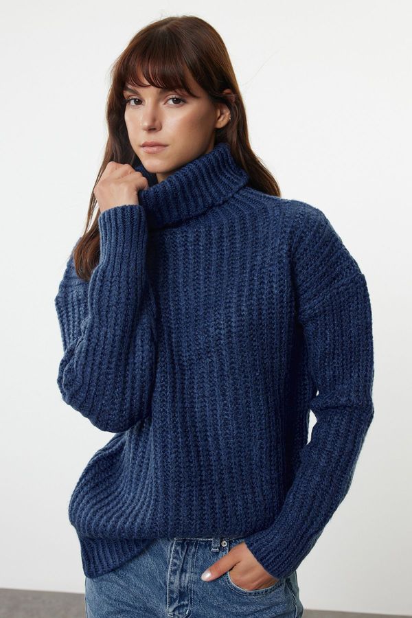 Trendyol Trendyol Indigo Wide Fit Soft Textured Basic Knitwear Sweater