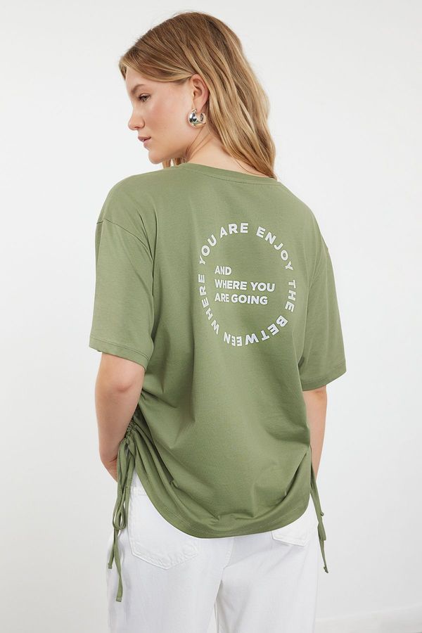 Trendyol Trendyol Khaki 100% Cotton Back and Front Printed Oversize/Relaxed Cut Knitted T-Shirt