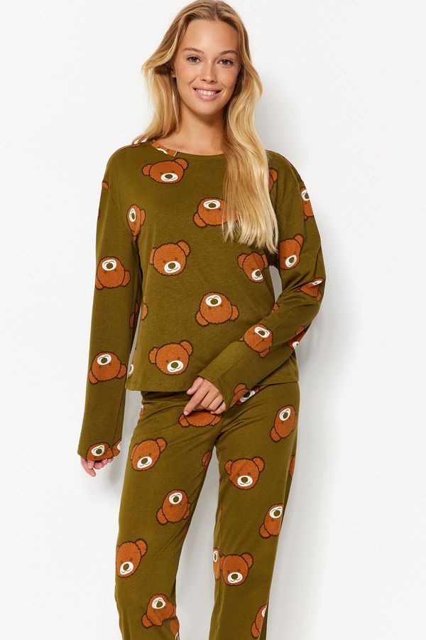 Trendyol Trendyol Khaki 100% Cotton Teddy Bear Patterned T-shirt-Jogger Knitted Pajamas Set