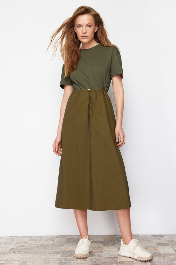 Trendyol Trendyol Khaki A-line Knitted Fabric Detailed Midi Woven Dress