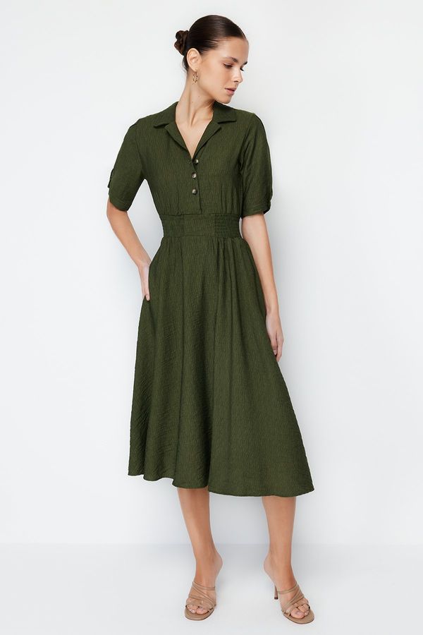 Trendyol Trendyol Khaki A-line V-neck Gimped Midi Woven Dress