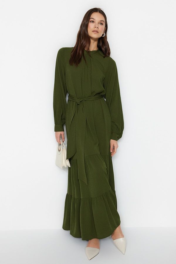 Trendyol Trendyol Khaki Belted Balloon Sleeve Woven Dress