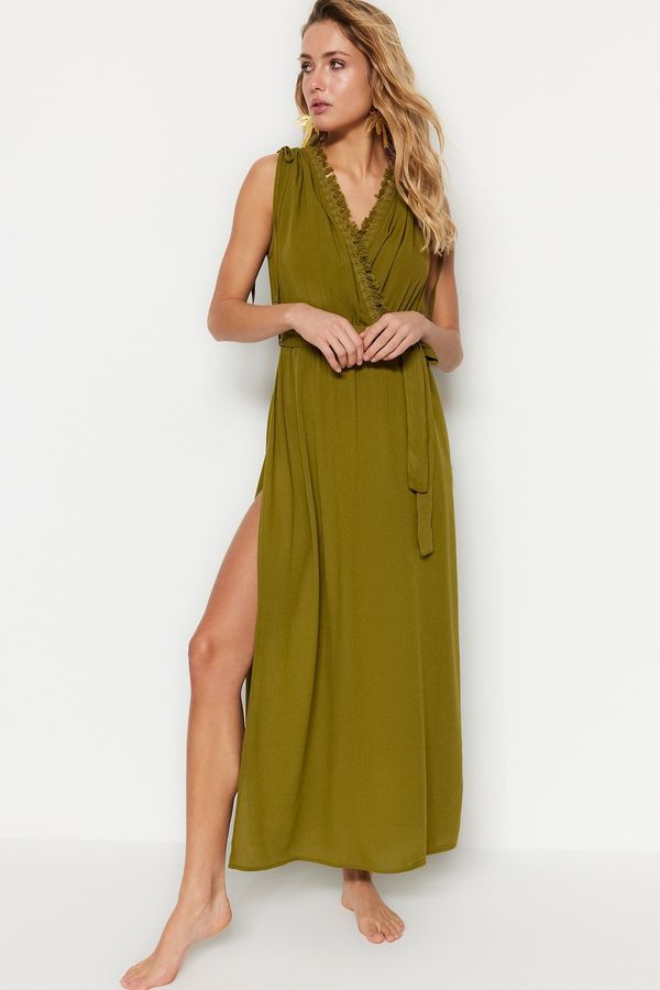 Trendyol Trendyol Khaki Belted Maxi tkana čipkasta obleka za plažo