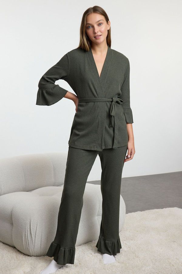 Trendyol Trendyol Khaki Belted Ruffled Ribbed Knitted Pajama Set