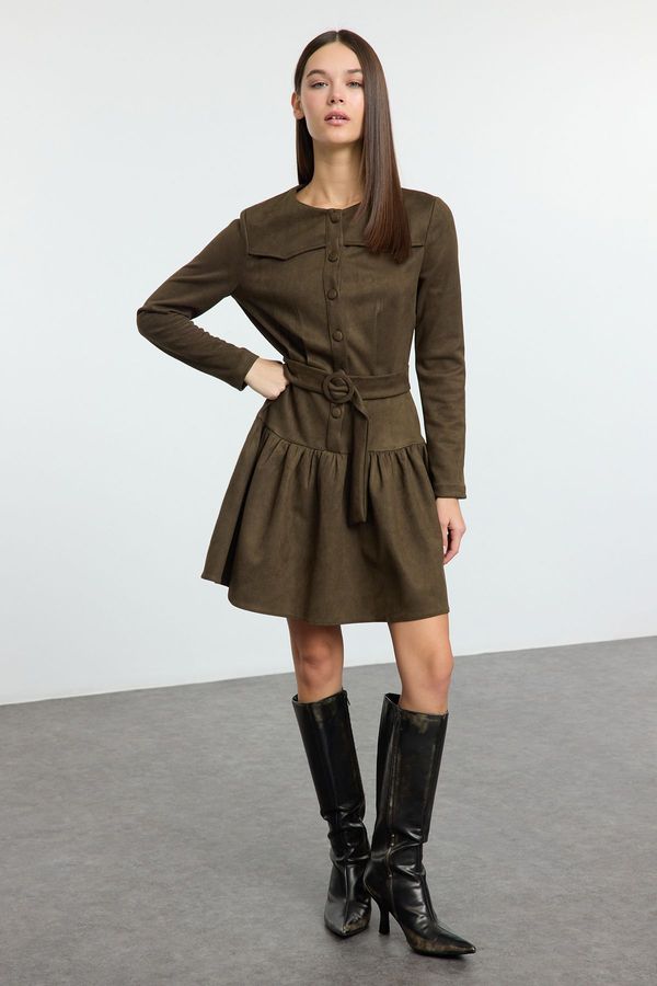 Trendyol Trendyol Khaki Belted Skater/Waist Open Pleated Skirted Suede Mini Woven Dress