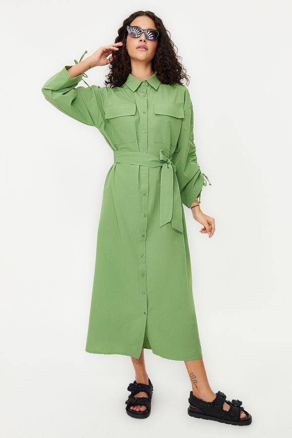 Trendyol Trendyol Khaki Belted Sleeves Adjustable Cotton Comfortable Fit Woven Shirt Dress